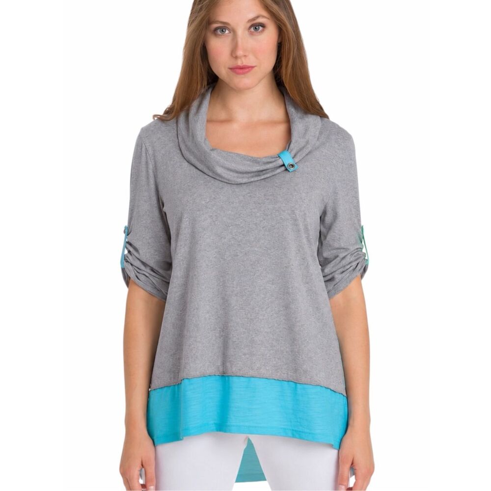 NEON BUDDHA Cowl Neck Roll Tab Sleeve Tunic Top Gray Blue Petite Large
